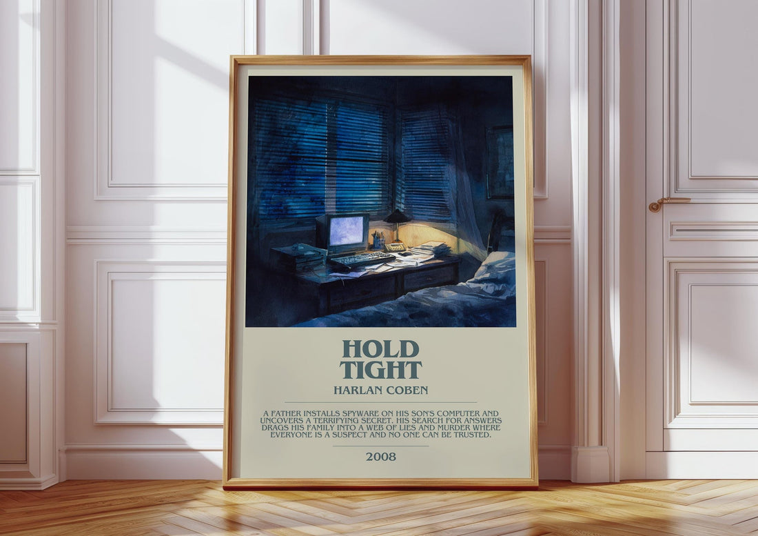 Hold Tight bookish print in frame leaning in hallway – thriller wall art (mockup)
