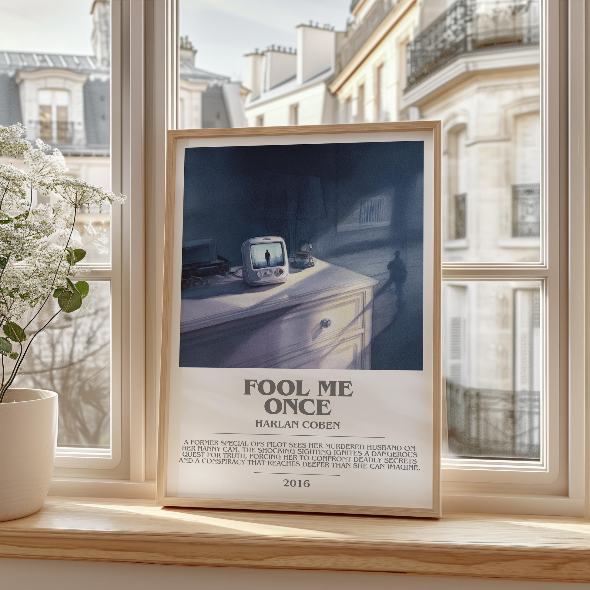 Fool Me Once bookish print framed by window – literary home decor