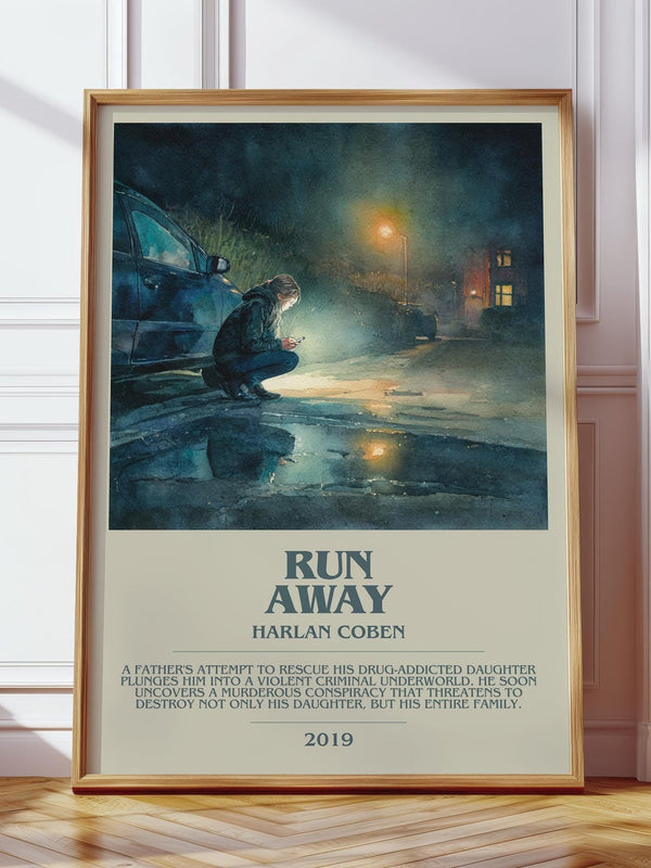 Run Away bookish print in frame leaning in hallway – thriller wall art