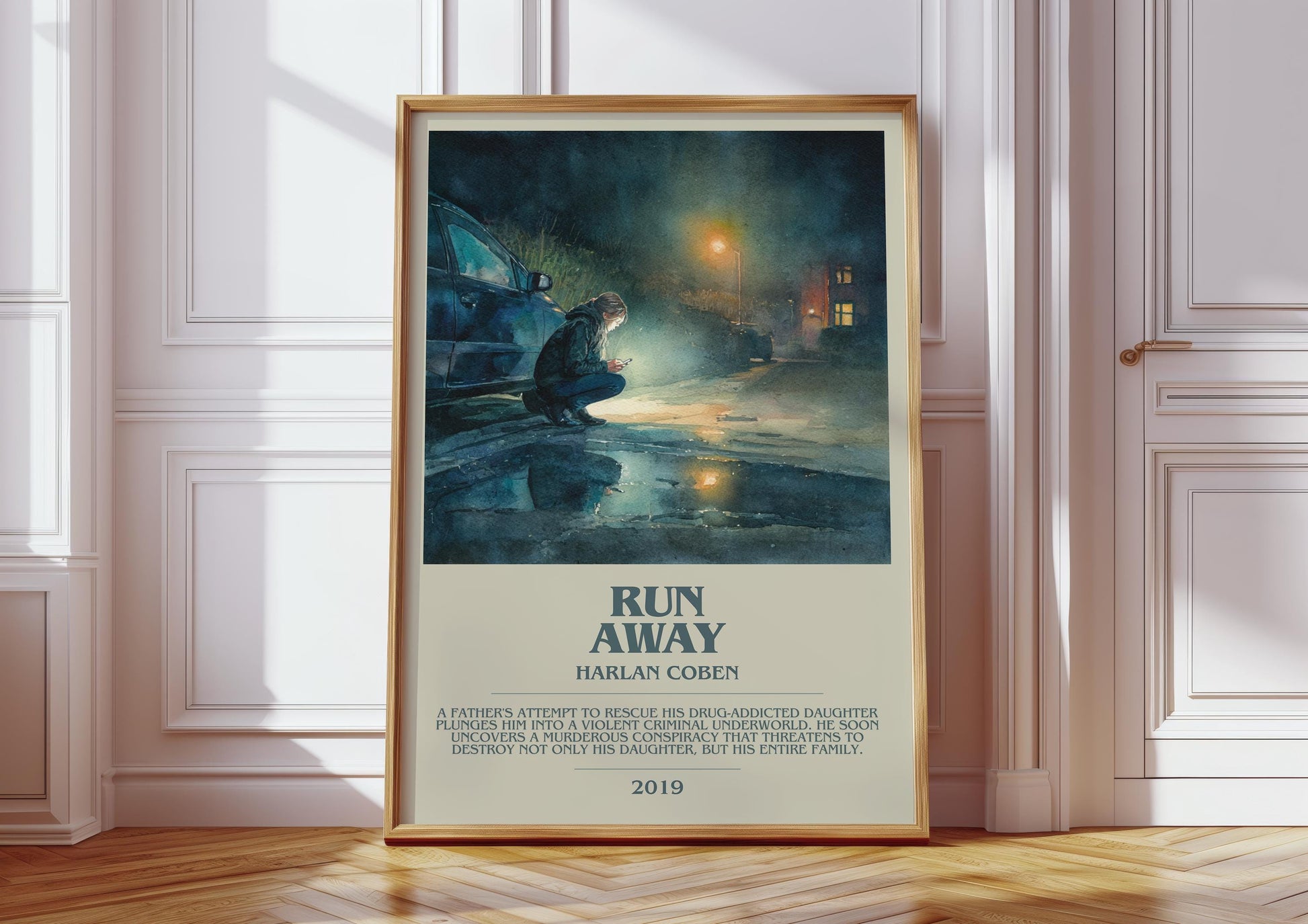 Run Away bookish print in frame leaning in hallway – thriller wall art