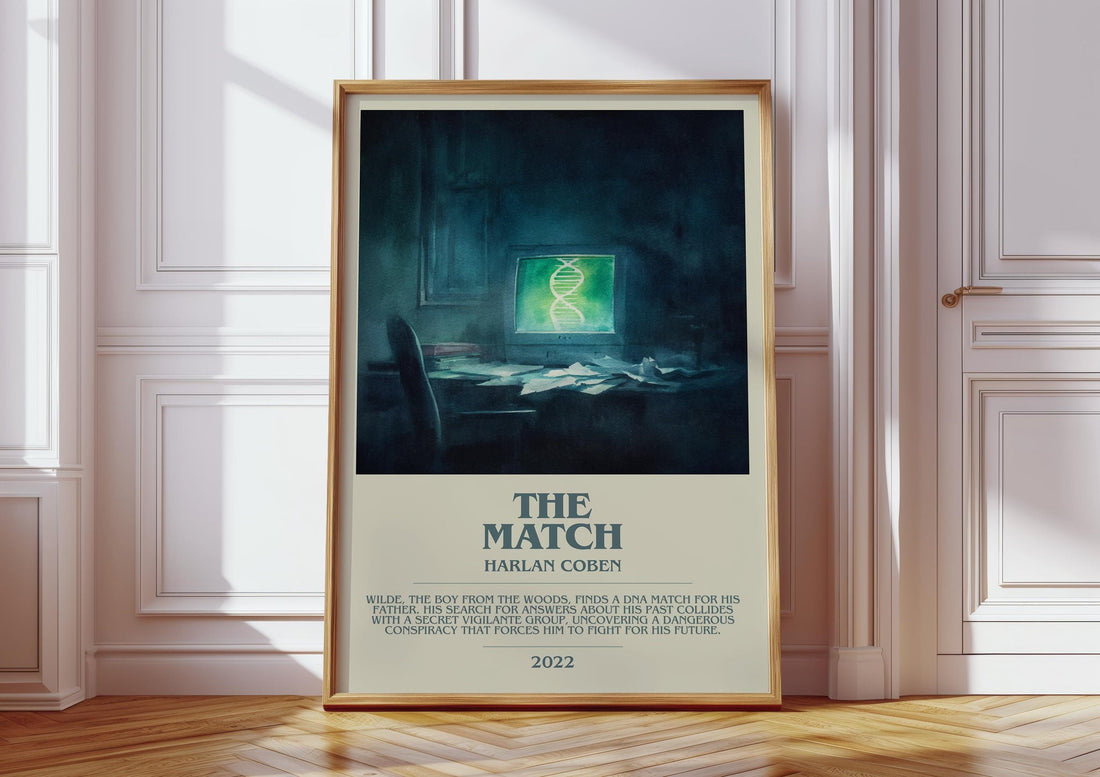 The Match bookish print in frame leaning in hallway – thriller wall art (mockup)