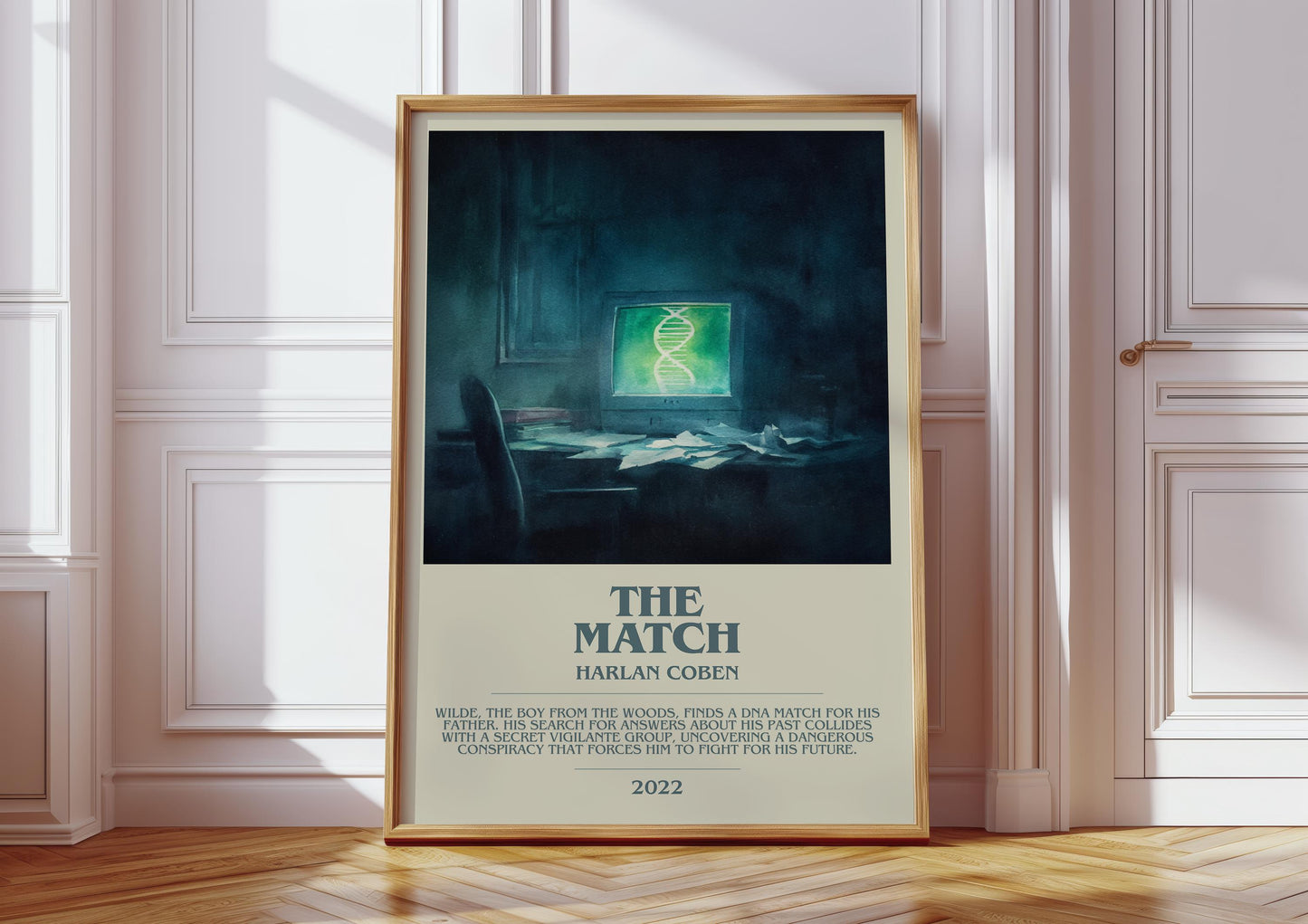The Match bookish print in frame leaning in hallway – thriller wall art