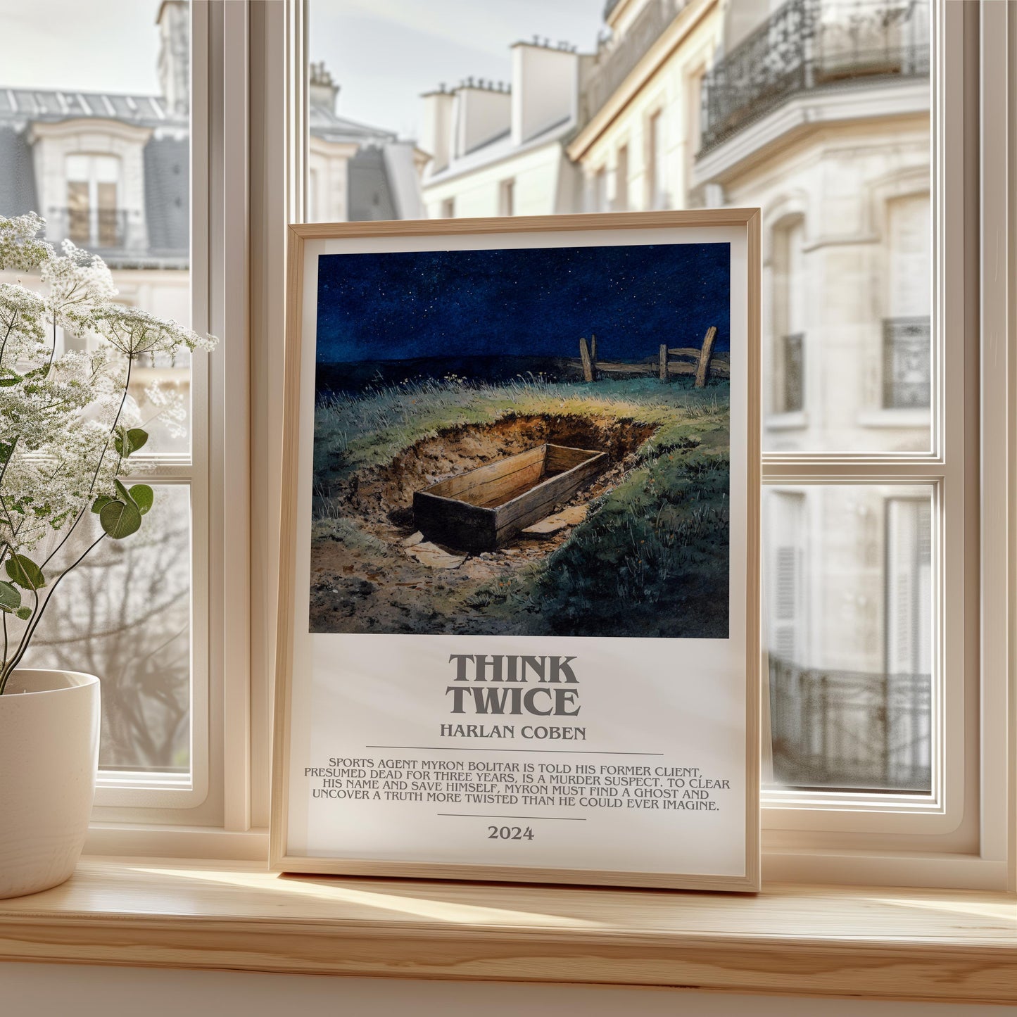 Think Twice bookish print framed by window – literary home decor