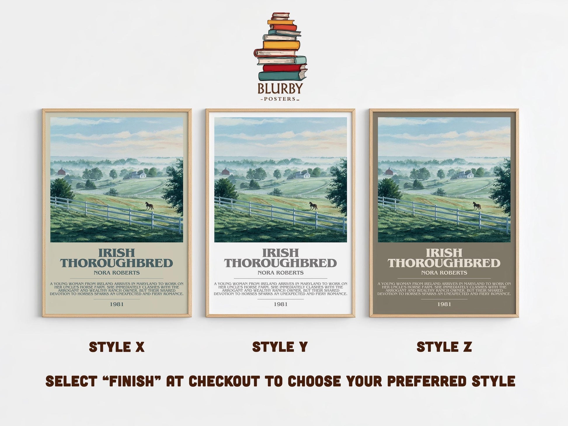 Irish Thoroughbred bookish poster colour and style options – Nora Roberts book art
