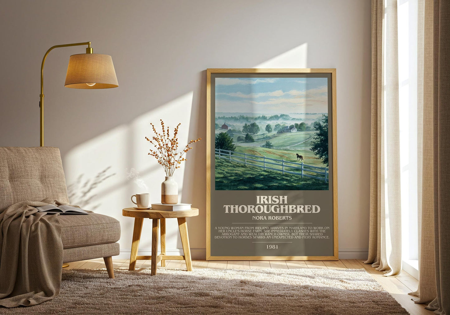 Irish Thoroughbred bookish print on bookshelf – Nora Roberts fan gift