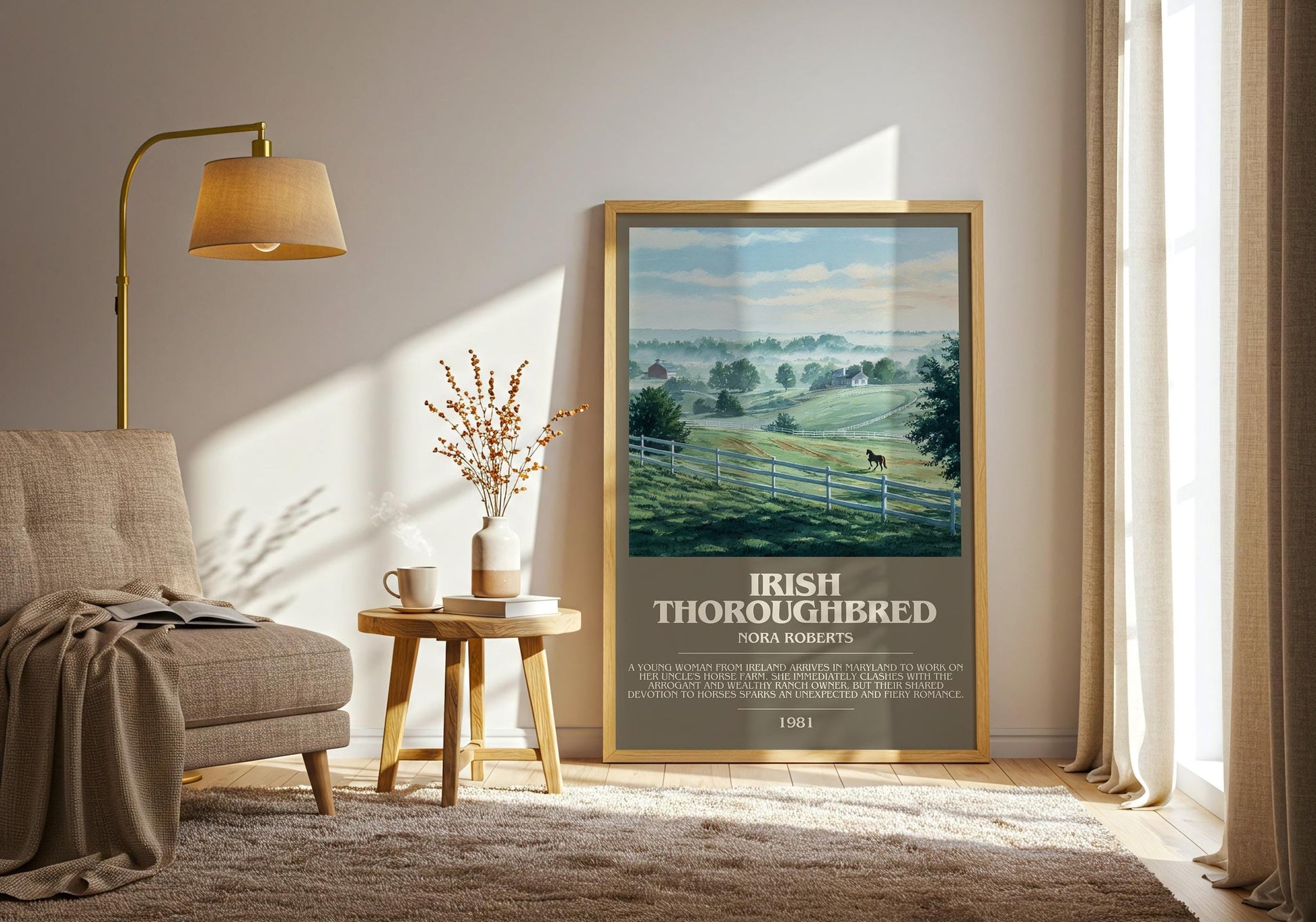 Irish Thoroughbred bookish print on bookshelf – Nora Roberts fan gift
