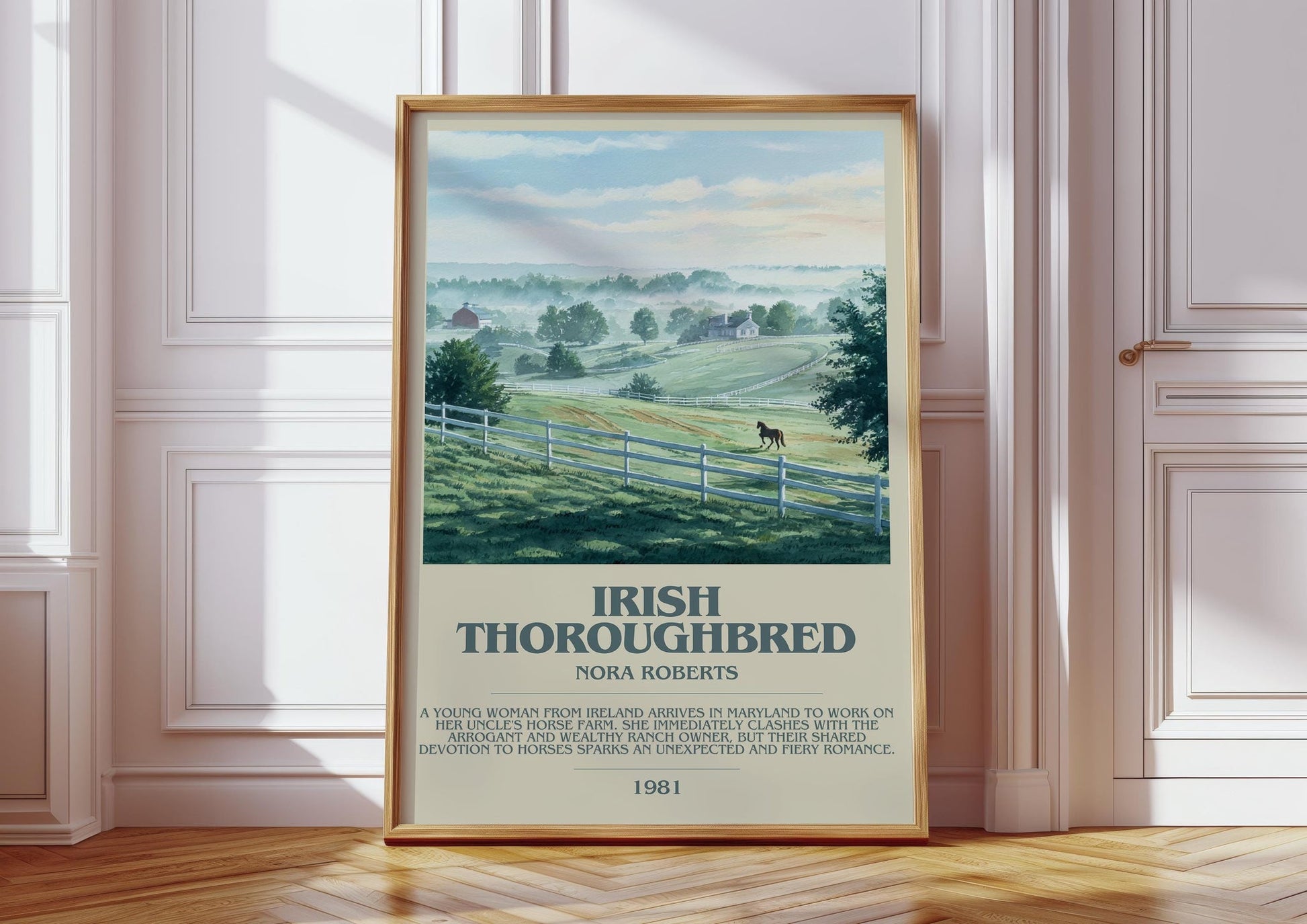Irish Thoroughbred bookish print in frame leaning in hallway – romance wall art