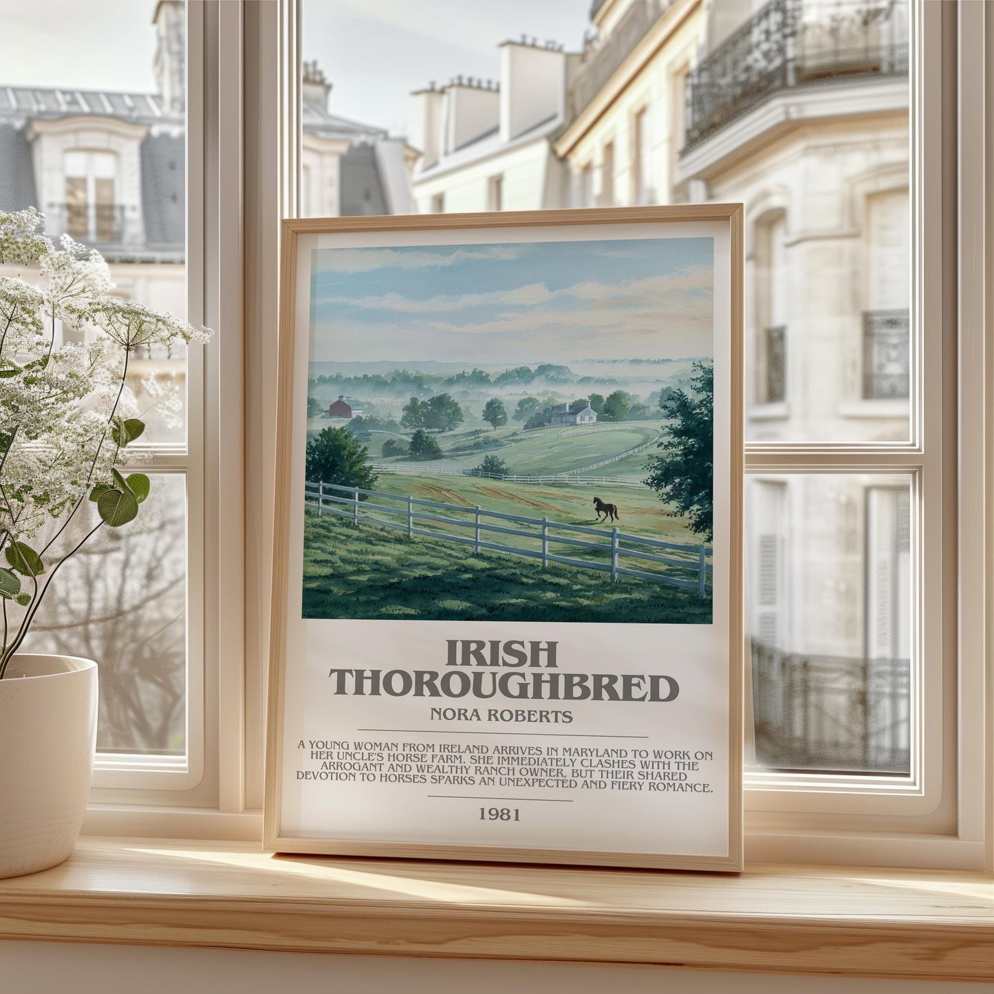 Irish Thoroughbred bookish print framed by window – literary home decor