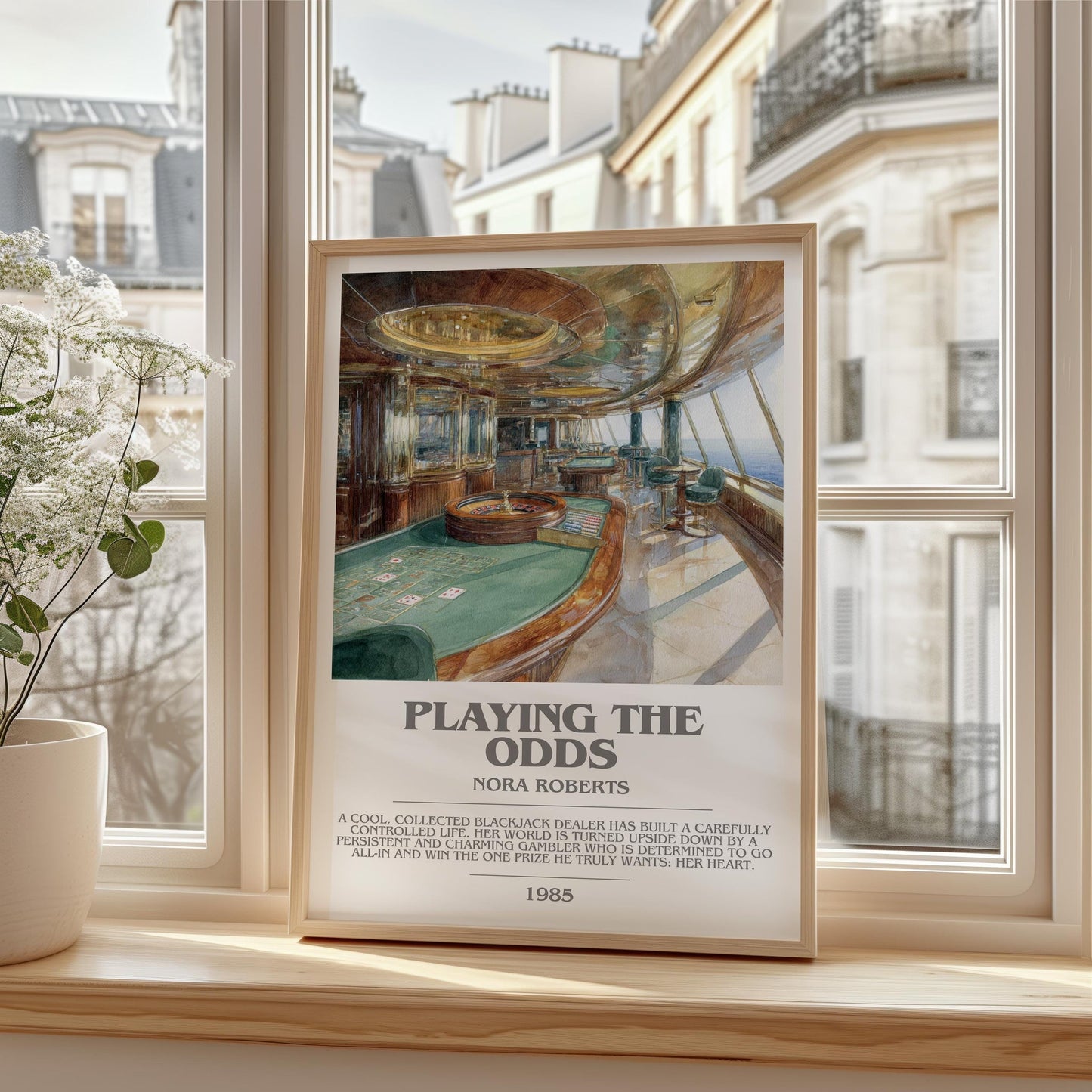 Playing the Odds bookish print framed by window – literary home decor