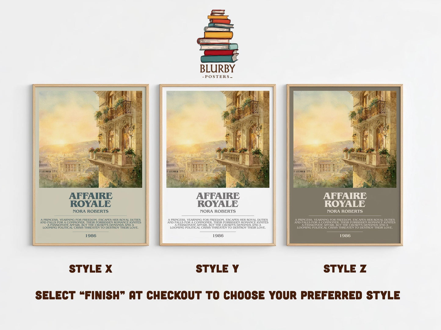 Affaire Royale bookish poster colour and style options – Nora Roberts book art