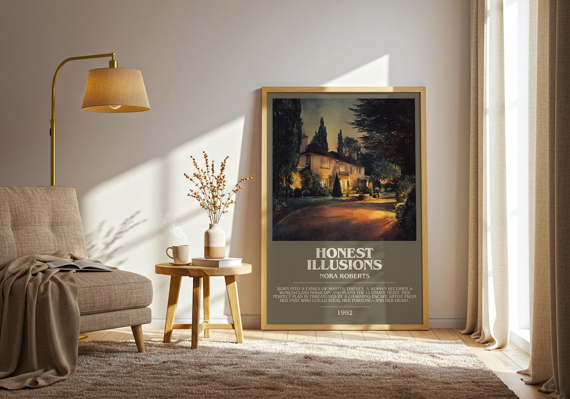 Honest Illusions bookish print on bookshelf – Nora Roberts fan gift