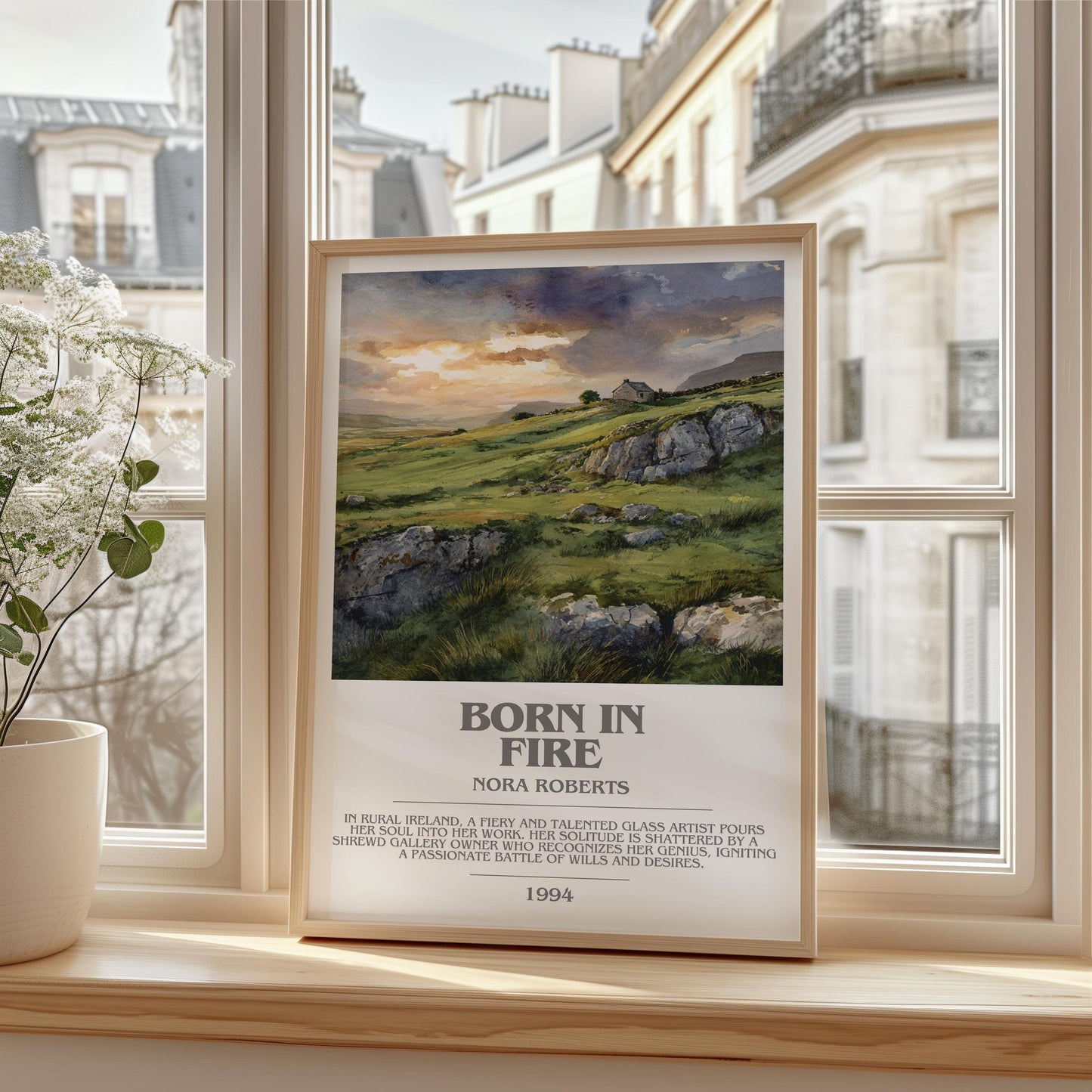 Born in Fire bookish print framed by window – literary home decor