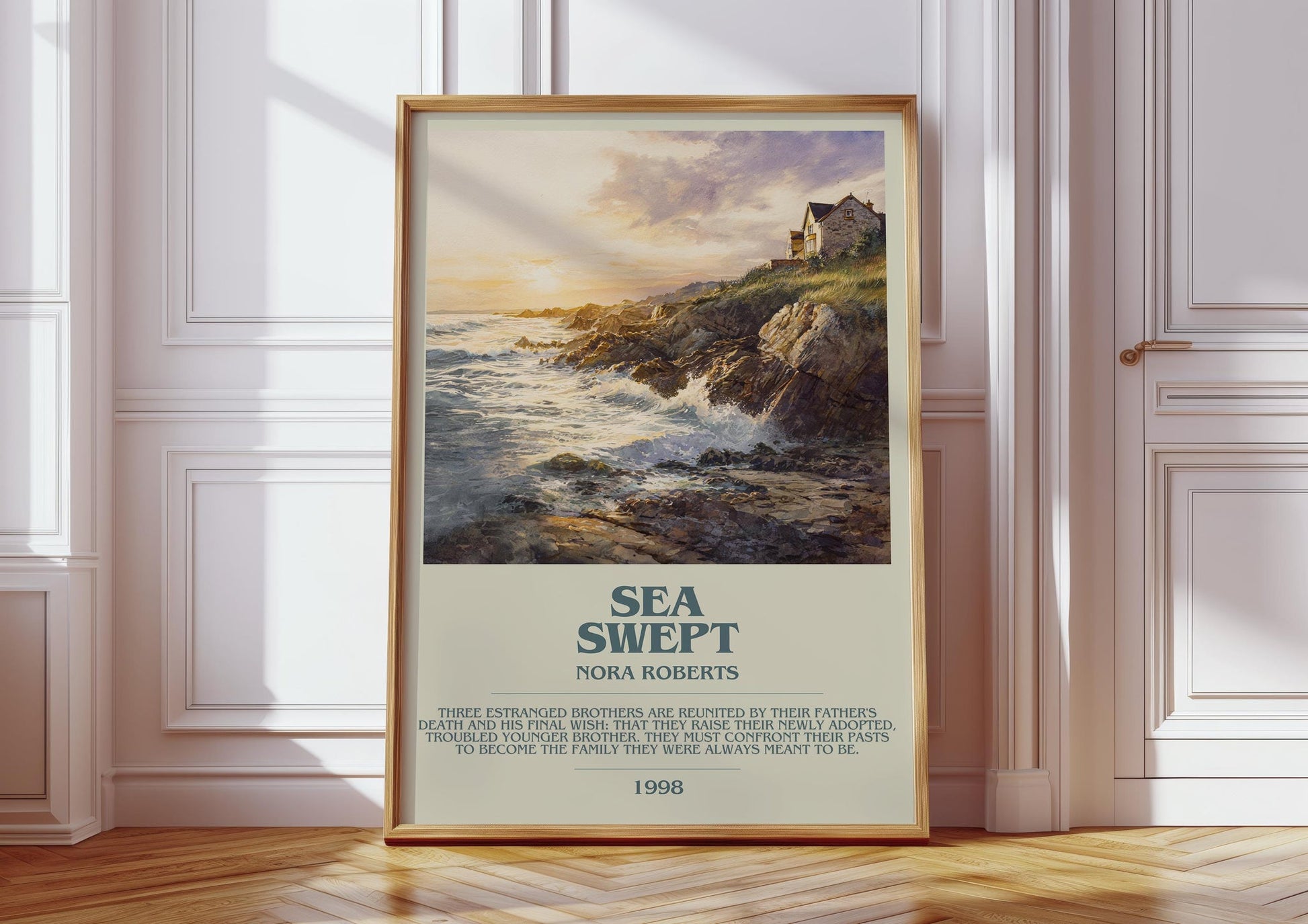 Sea Swept bookish print in frame leaning in hallway – romance wall art