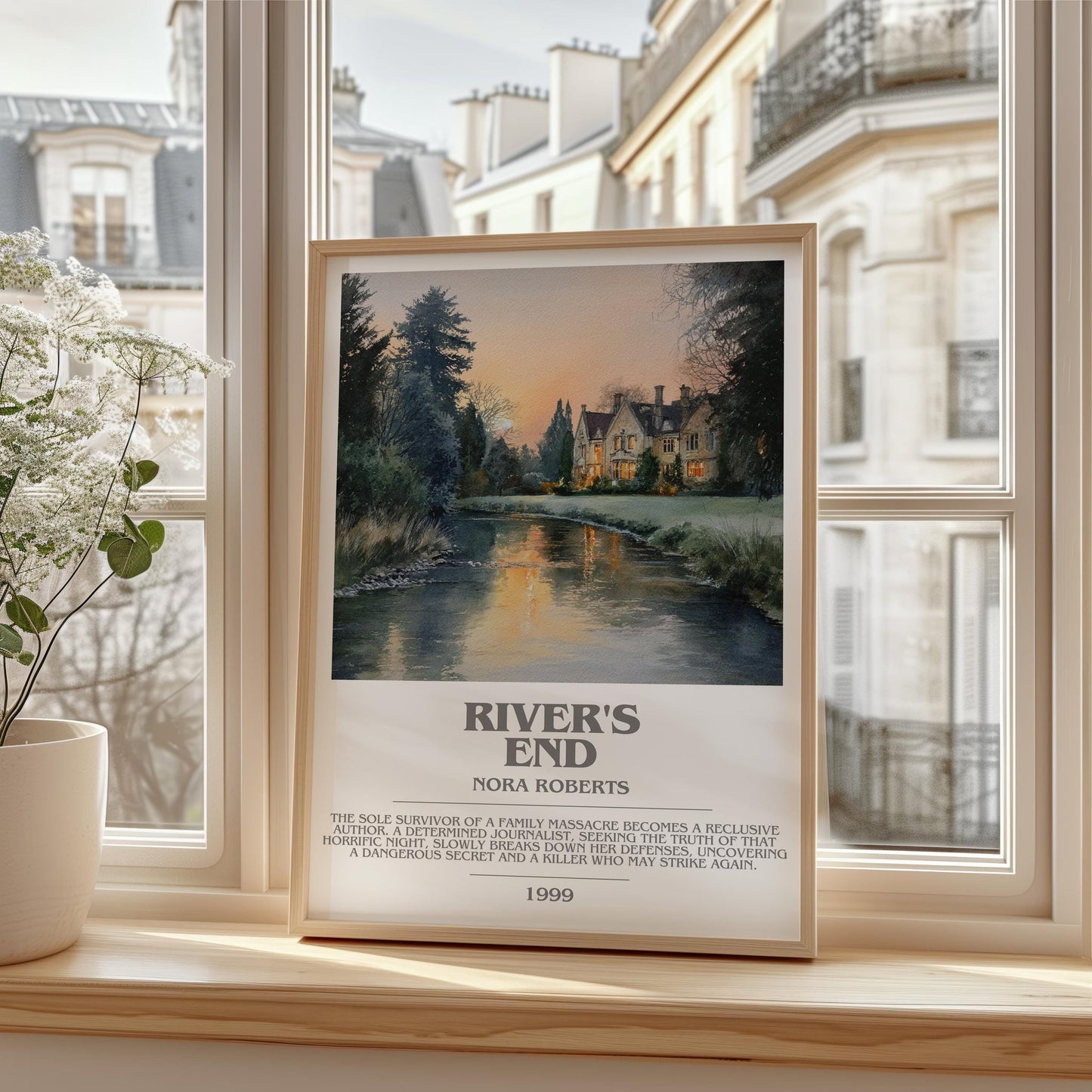 River's End bookish print framed by window – literary home decor