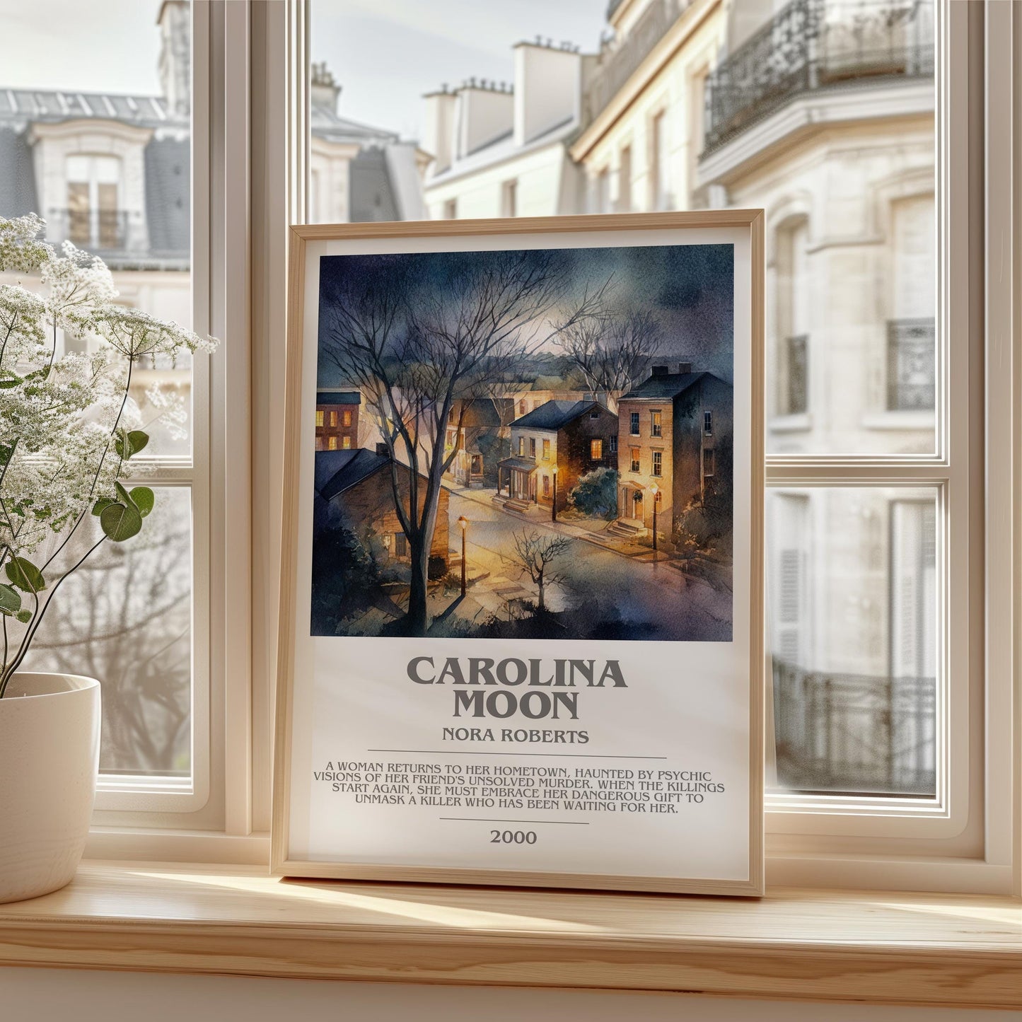 Carolina Moon bookish print framed by window – literary home decor
