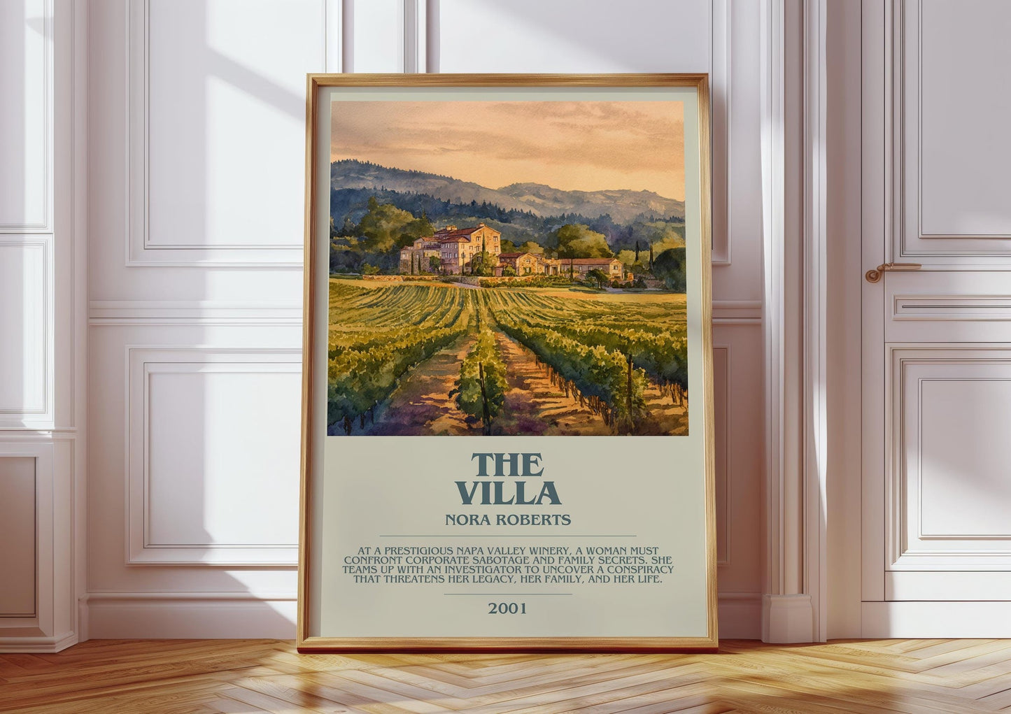 The Villa bookish print in frame leaning in hallway – romance wall art