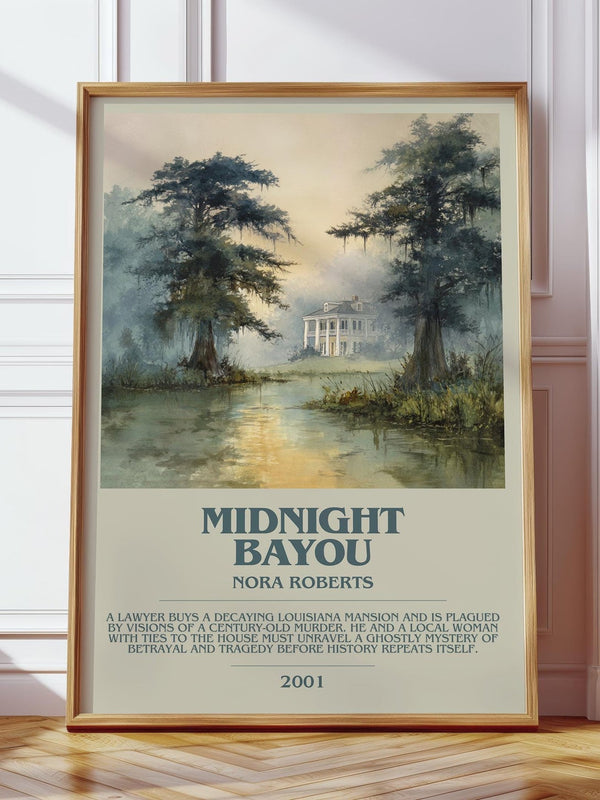 Midnight Bayou bookish print in frame leaning in hallway – historical fiction wall art