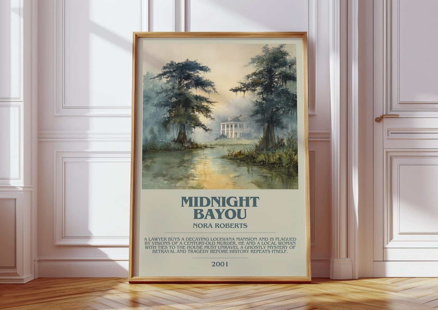 Midnight Bayou bookish print in frame leaning in hallway – historical fiction wall art