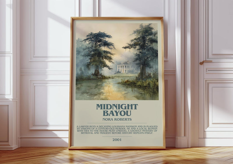 Midnight Bayou bookish print in frame leaning in hallway – historical fiction wall art