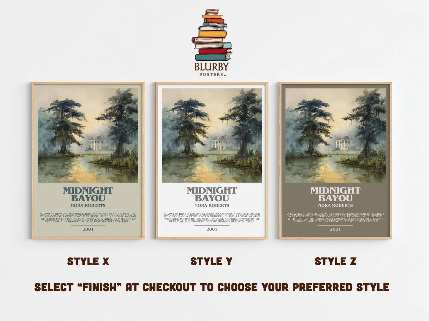 Midnight Bayou bookish poster colour and style options – Nora Roberts book art