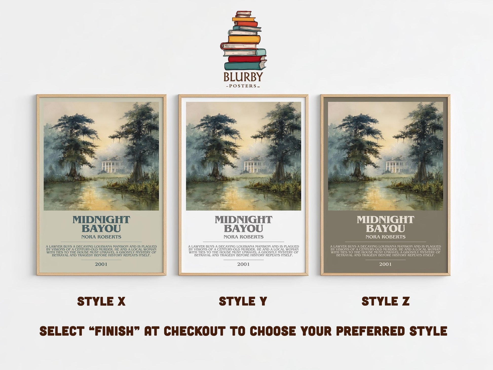 Midnight Bayou bookish poster colour and style options – Nora Roberts book art