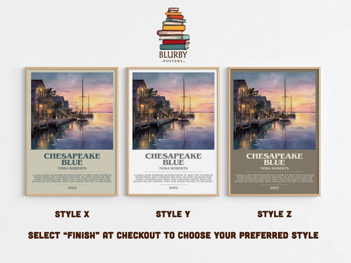 Chesapeake Blue bookish poster colour and style options – Nora Roberts book art