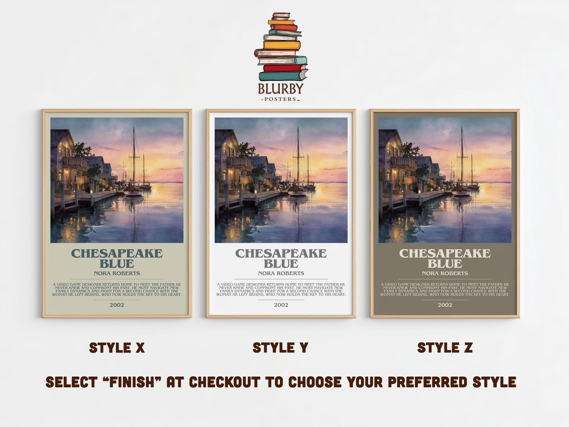 Chesapeake Blue bookish poster colour and style options – Nora Roberts book art