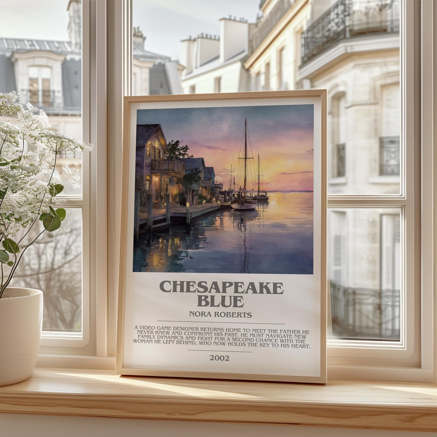 Chesapeake Blue bookish print framed by window – literary home decor