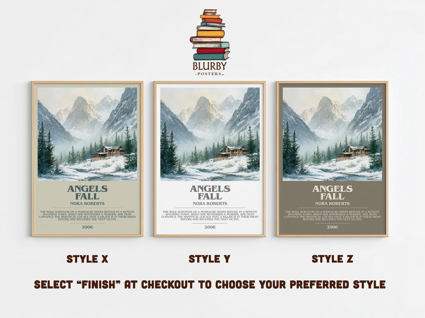 Angels Fall bookish poster colour and style options – Nora Roberts book art