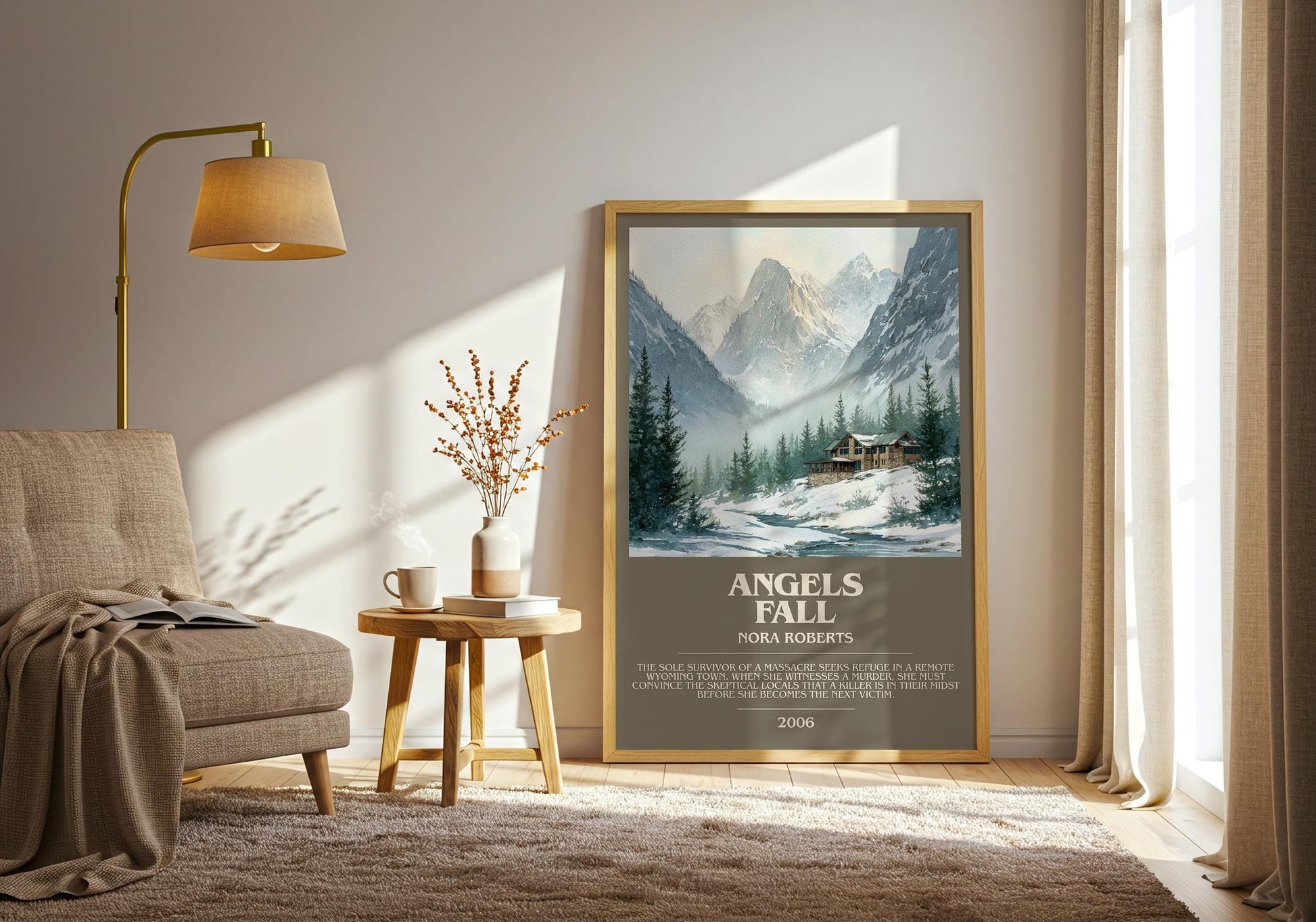 Angels Fall bookish print on bookshelf – Nora Roberts fan gift