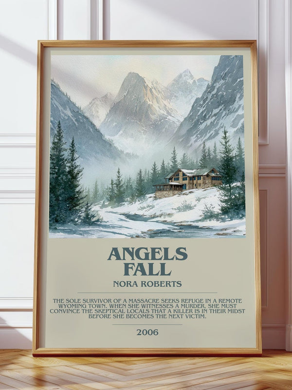 Angels Fall bookish print in frame leaning in hallway – thriller wall art