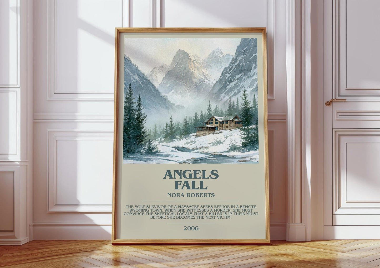 Angels Fall bookish print in frame leaning in hallway – thriller wall art