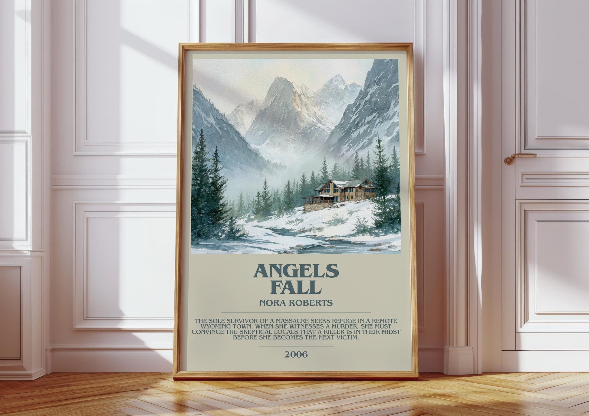 Angels Fall bookish print in frame leaning in hallway – thriller wall art