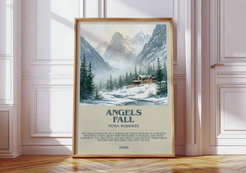 Angels Fall bookish print in frame leaning in hallway – thriller wall art