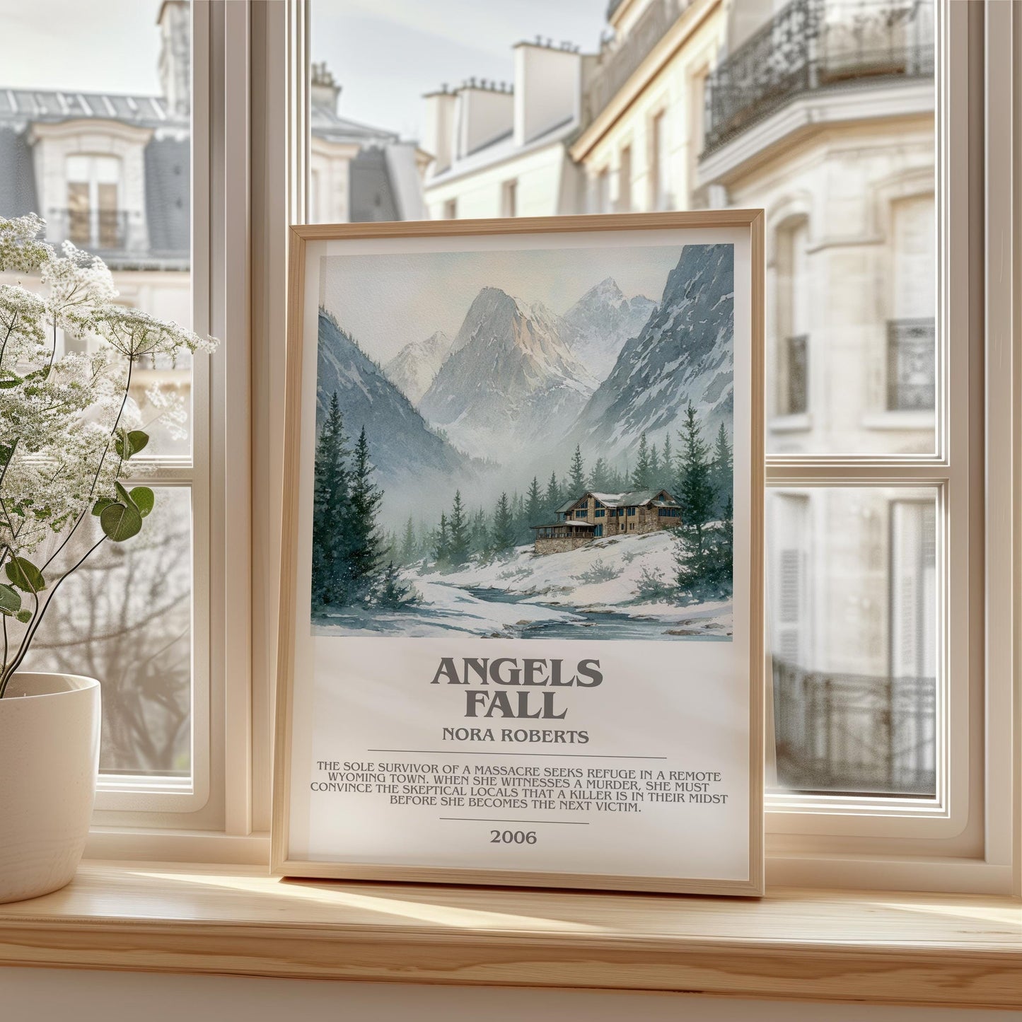 Angels Fall bookish print framed by window – literary home decor