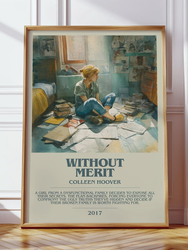 Without Merit bookish print in frame leaning in hallway – contemporary fiction wall art