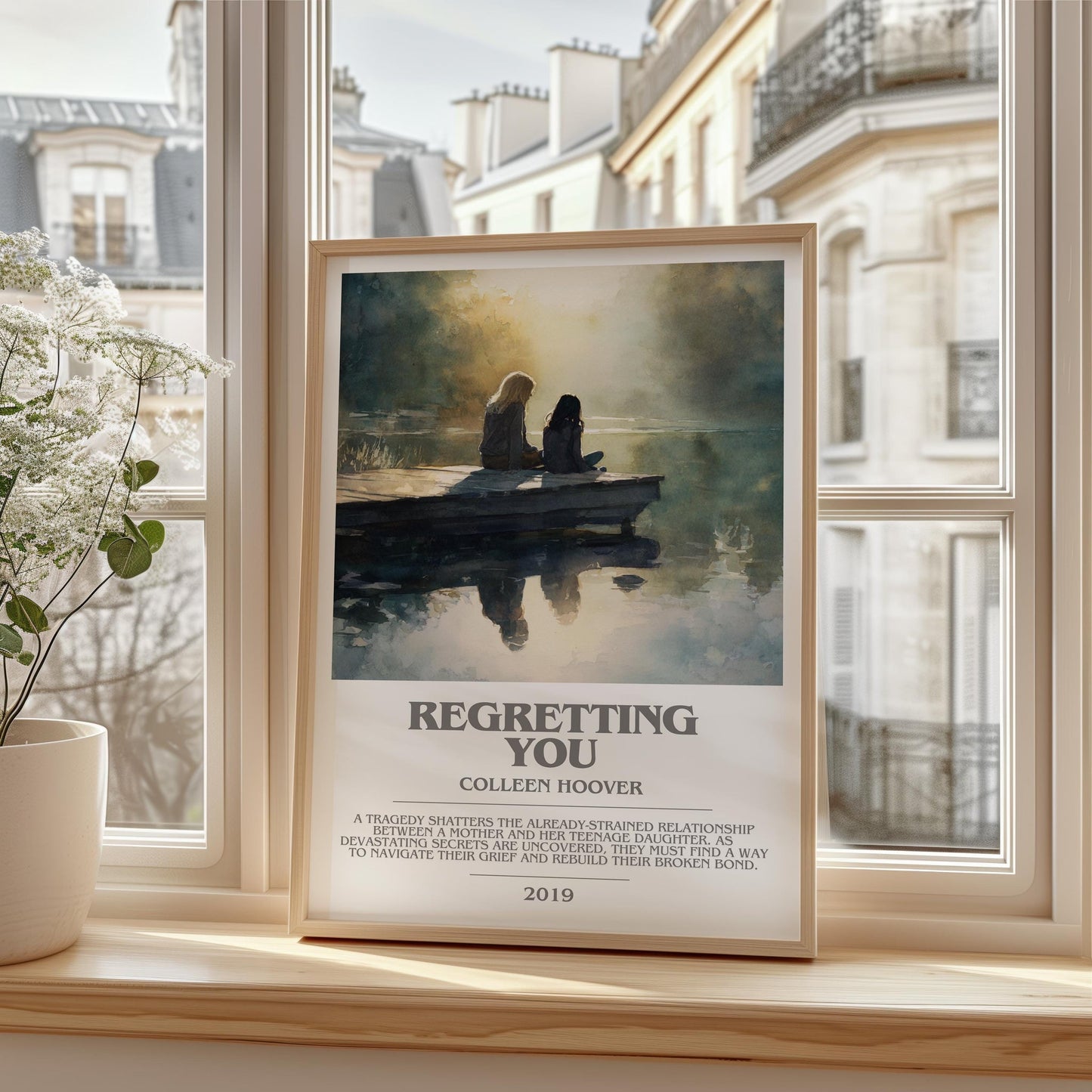 Regretting You bookish print framed by window – literary home decor