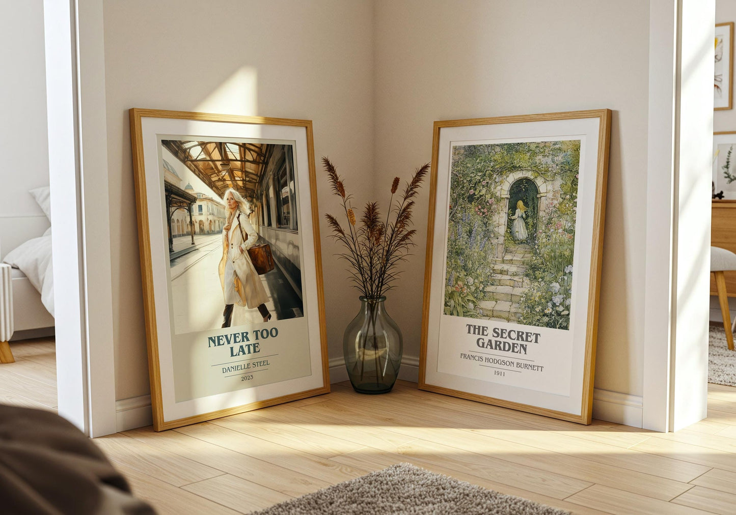 Never Too Late book cover poster paired in gallery wall – literary art prints