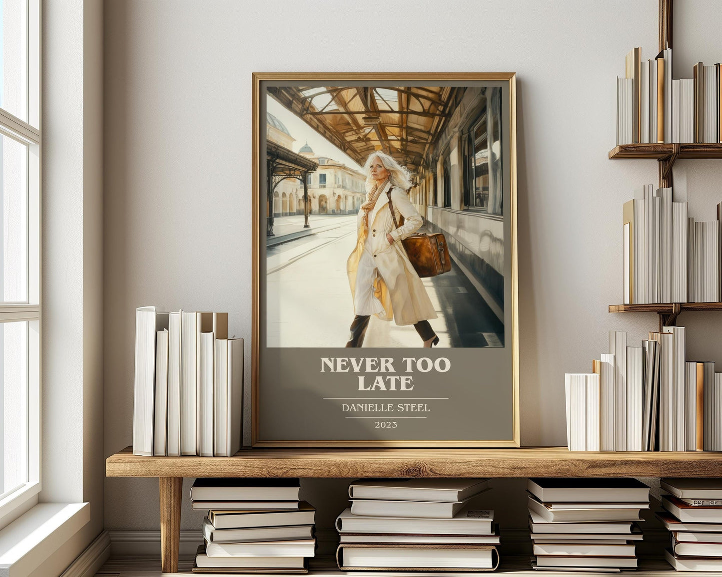 Never Too Late book cover print on bookshelf – Danielle Steel fan gift