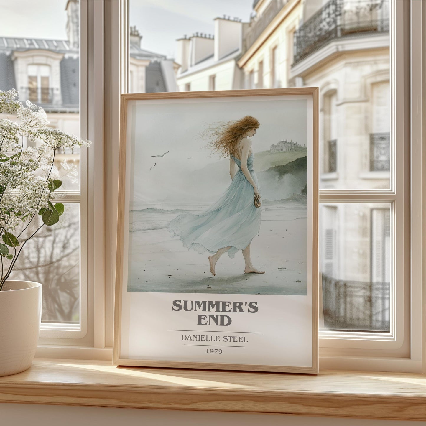 Summer's End book cover print framed by window – literary home decor