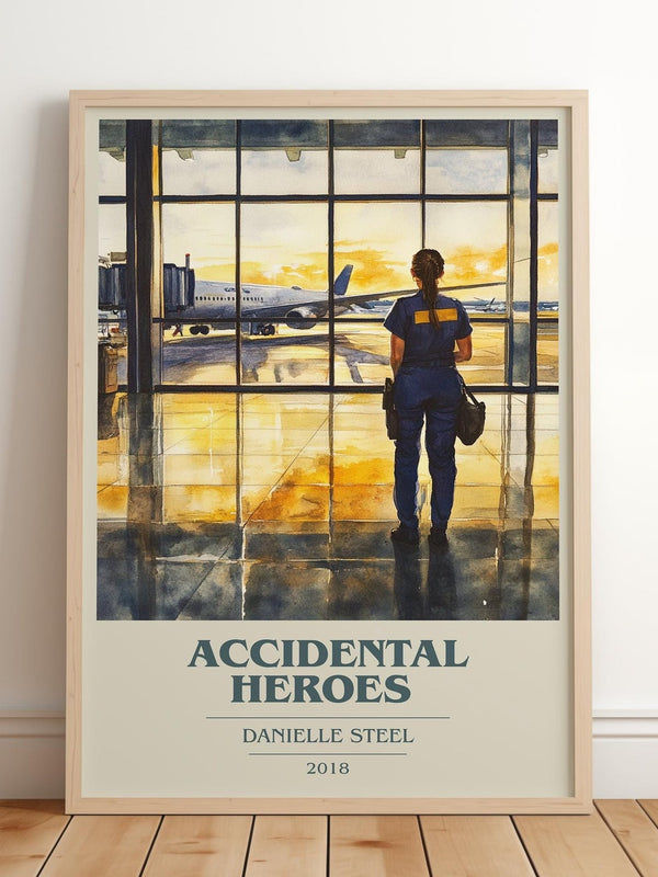 Accidental Heroes book cover print in frame leaning in hallway – contemporary fiction wall art