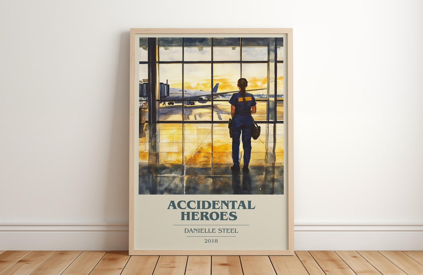 Accidental Heroes book cover print in frame leaning in hallway – contemporary fiction wall art