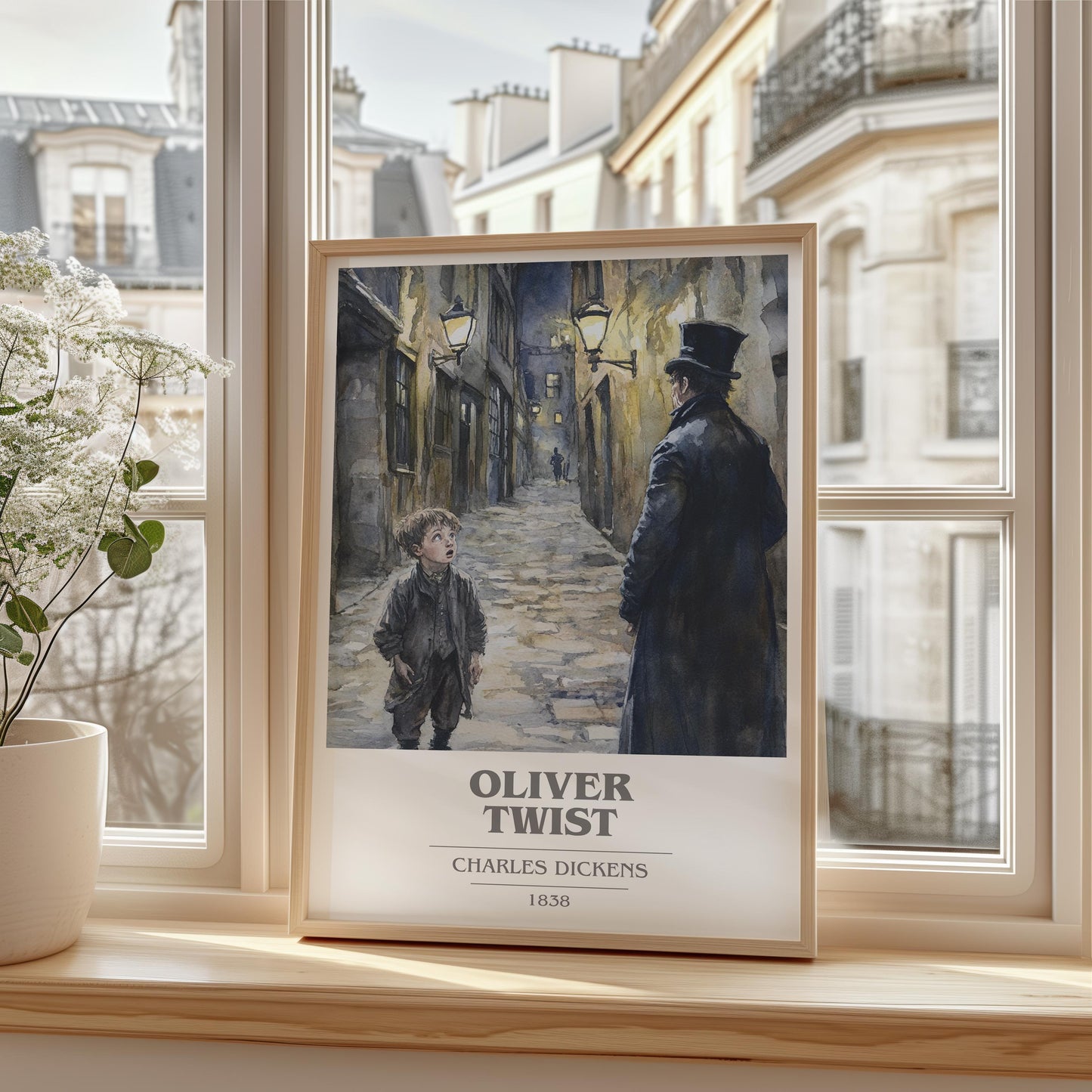 Oliver Twist book cover print framed by window – literary home decor