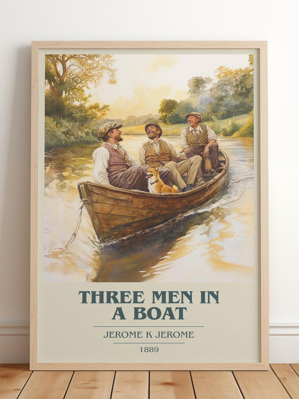 Three Men in a Boat book cover print in frame leaning in hallway – classic literature wall art