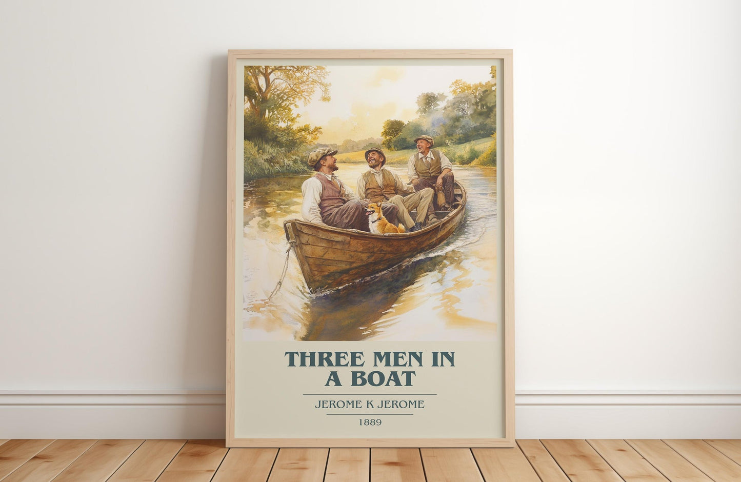 Three Men in a Boat book cover print in frame leaning in hallway – classic literature wall art