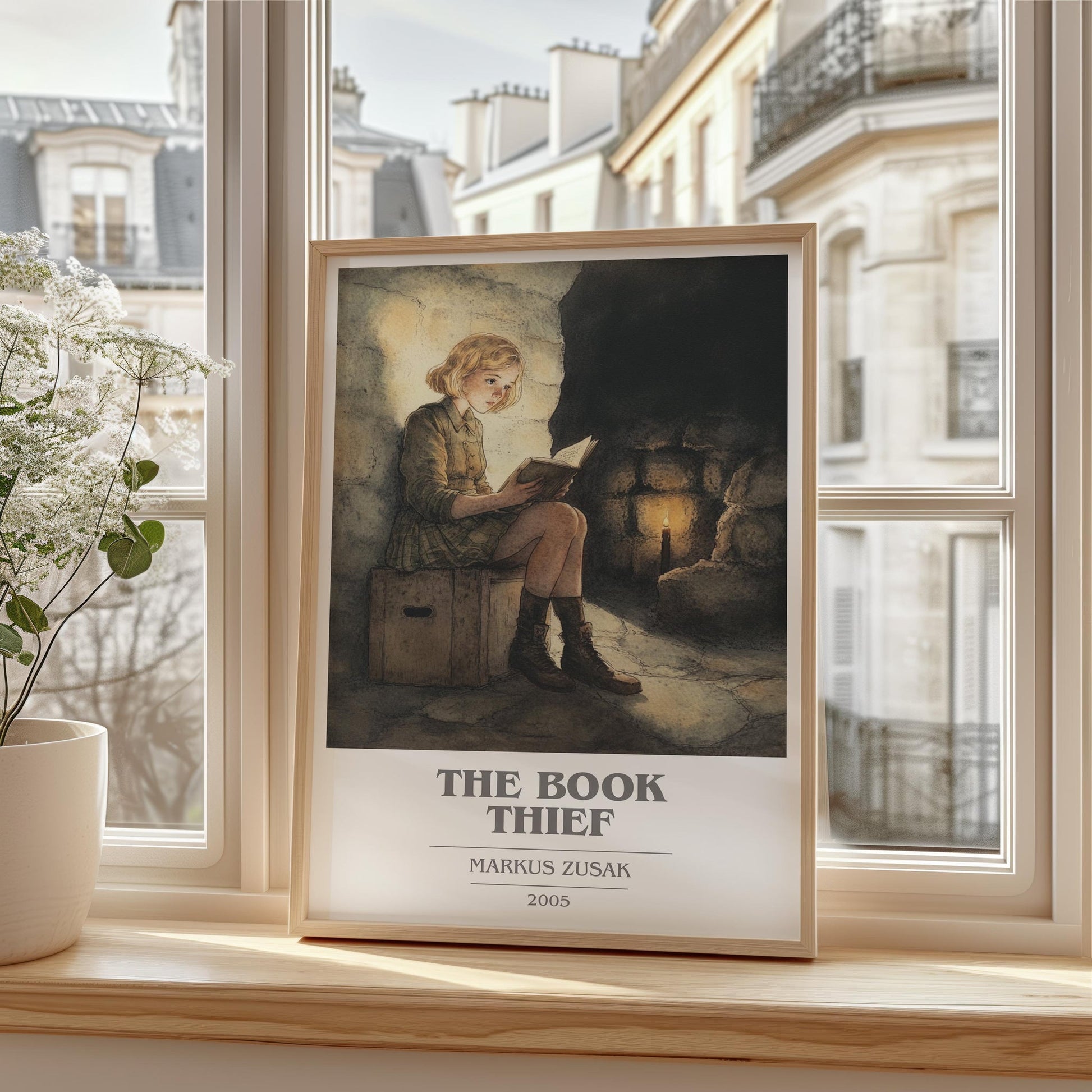 The Book Thief book cover print framed by window – literary home decor