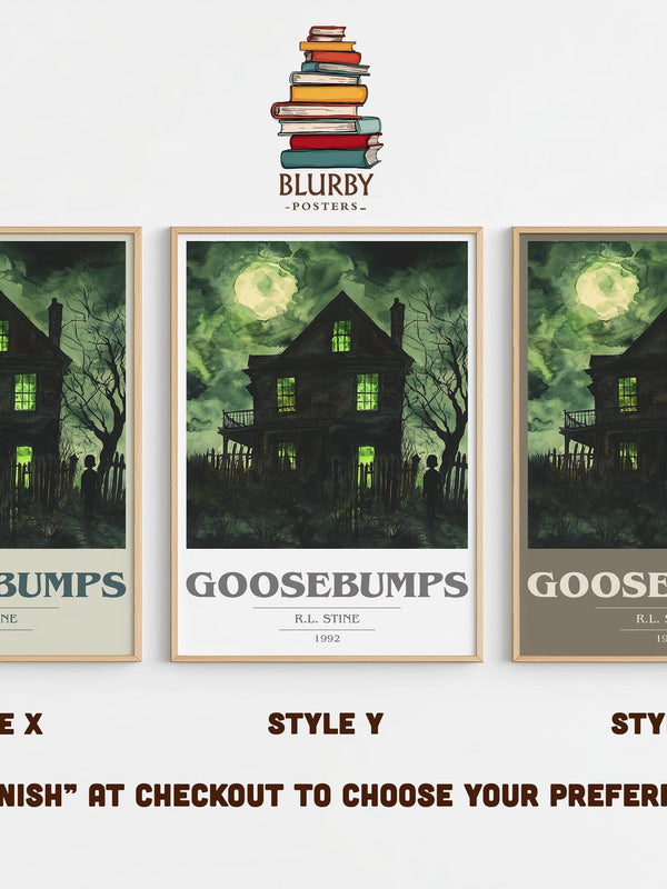 Goosebumps book cover print in frame leaning in hallway – childrens wall art