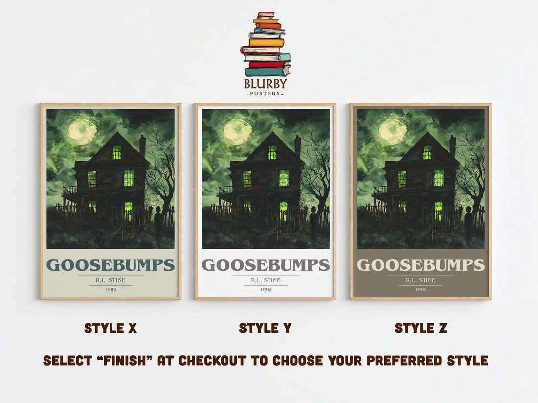 Goosebumps book cover print in frame leaning in hallway – childrens wall art (mockup)