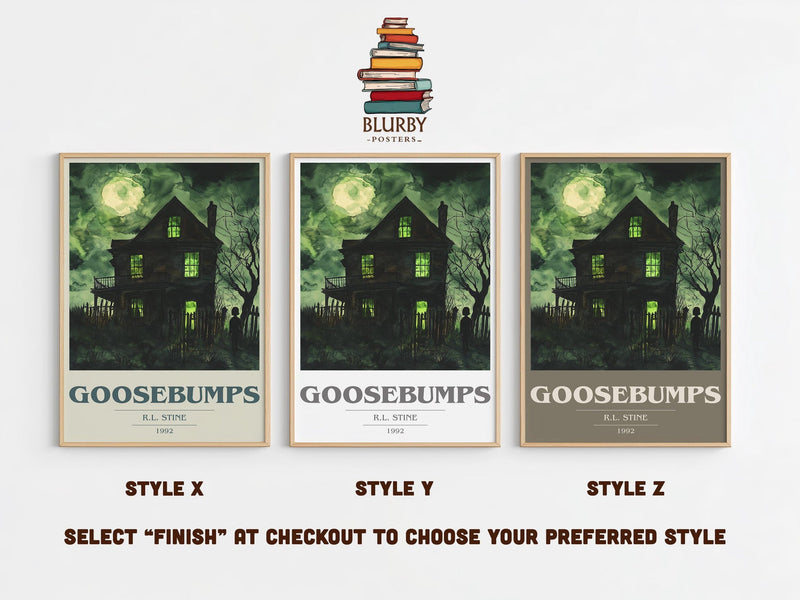 Goosebumps book cover print in frame leaning in hallway – childrens wall art