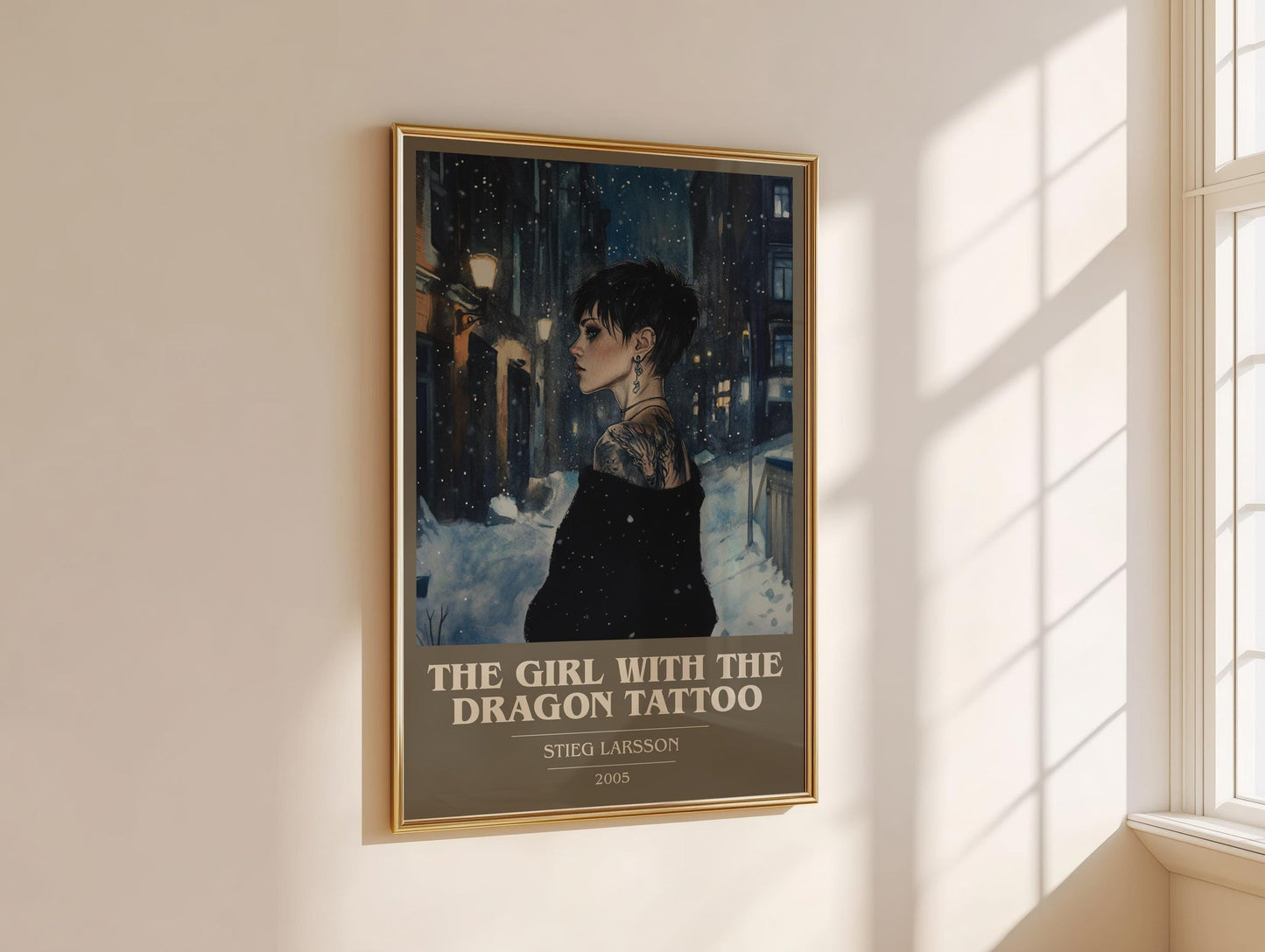The Girl with the Dragon Tattoo book cover print on bookshelf – Stieg Larsson fan gift